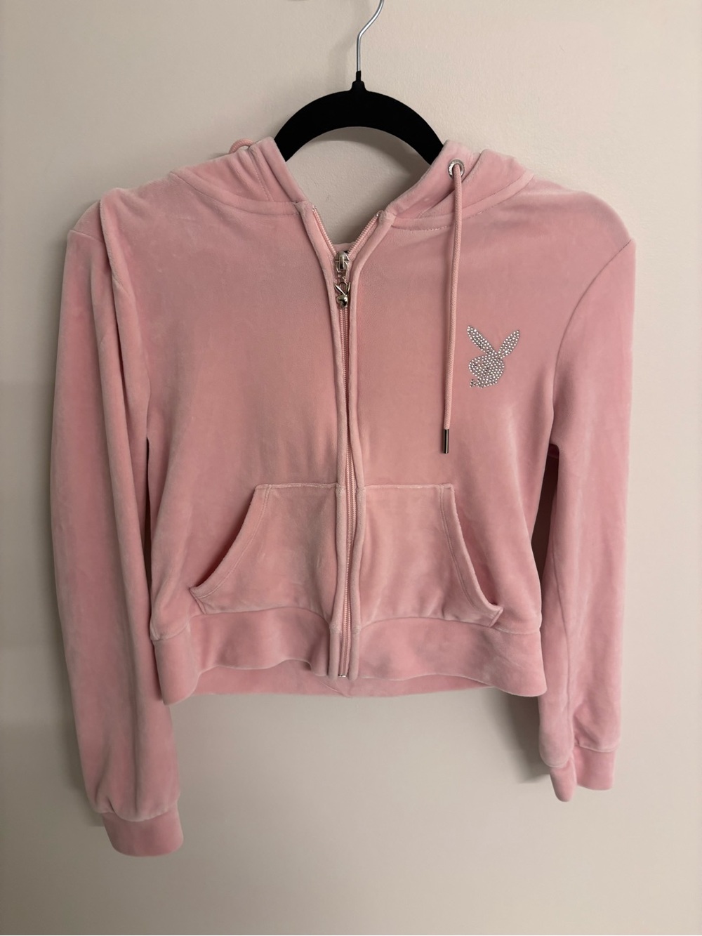 PLAYBOY Pink Velour Zip-Up Hoodie with Crystal Bunny